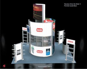 20x20 custom exibition displays with central meeting room and large tower