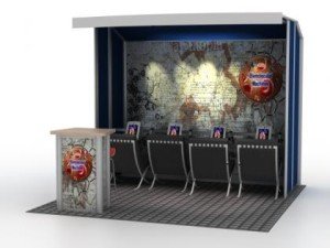 custom 10x10 trade show exhibit with tension fabric back wall and counter