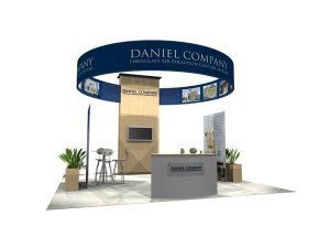 eco friendly trade show booth with overhead banner sign
