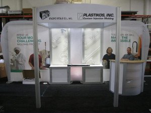 esmart custom trade show booth with fabric graphics, led lights and counter