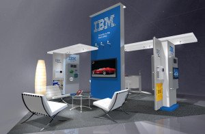 large hybrid trade show displays with seating area