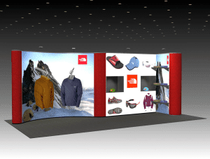 qd-228 quadro 20ft pop up display with waterfall hangers shelves and shadow boxes