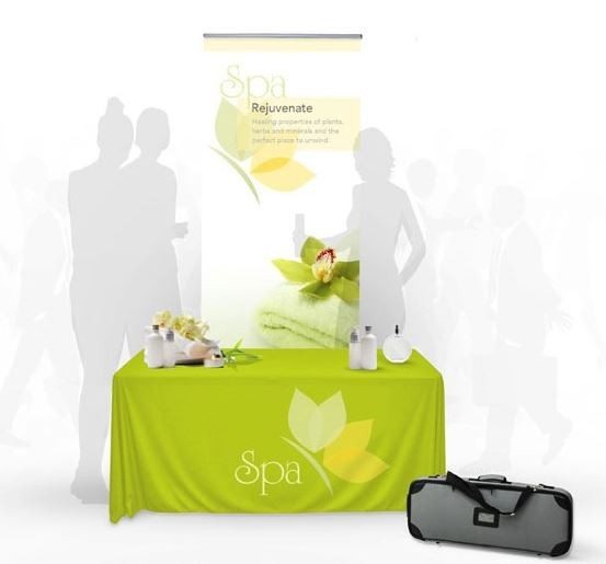Trade Show Table Top Travel Kit 7, 6ft 3-Sided Table Cloth, Banner Stand, Lit Holder, Soft Carry Bag