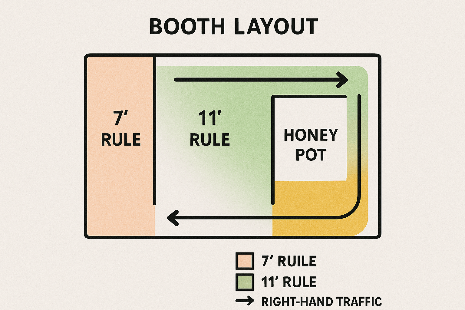 10x10 Trade Show Booth Design That Converts Visitors to Leads Booth-layout-showing-the-7-11-rule-zones-right-hand-traffic-patterns-and-honey-pot-positioning