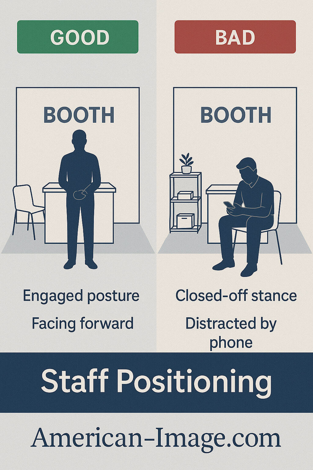 Suggested Image Staff positioning diagram showing good vs. bad body language and positioning within the booth