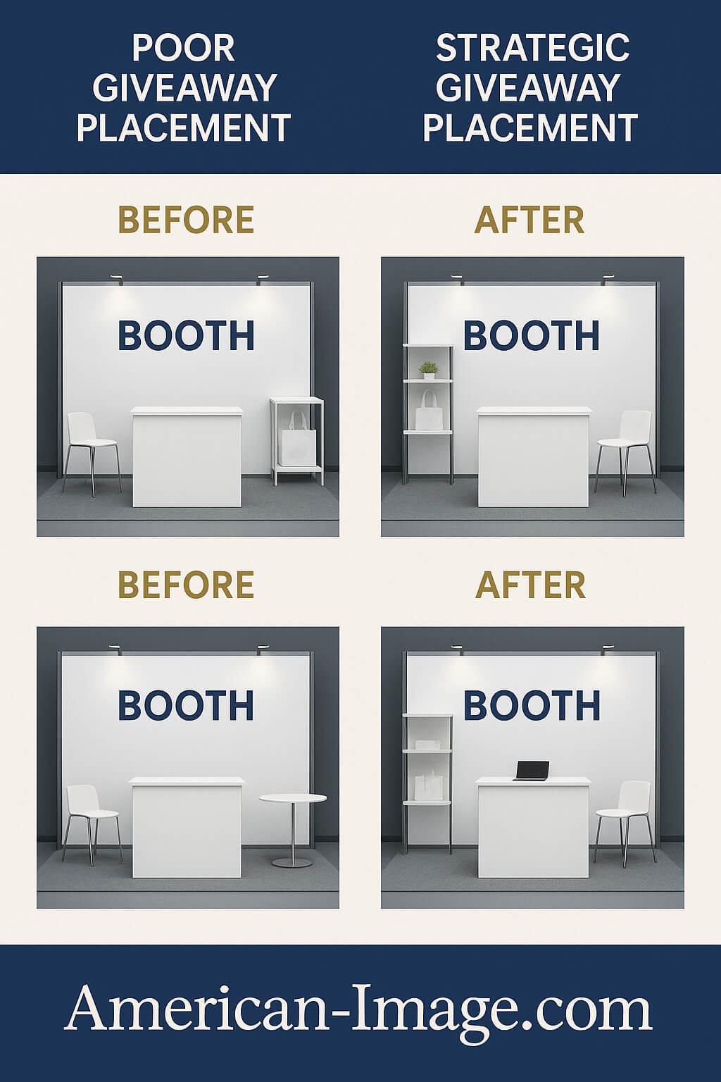 booth photos showing poor vs. strategic giveaway placement and demo station positioning