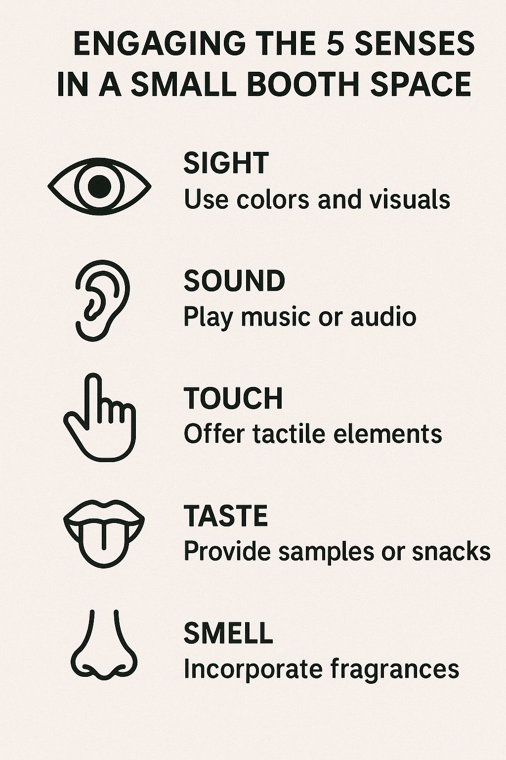 infographic showing the 5 senses and how to engage each in a small booth space